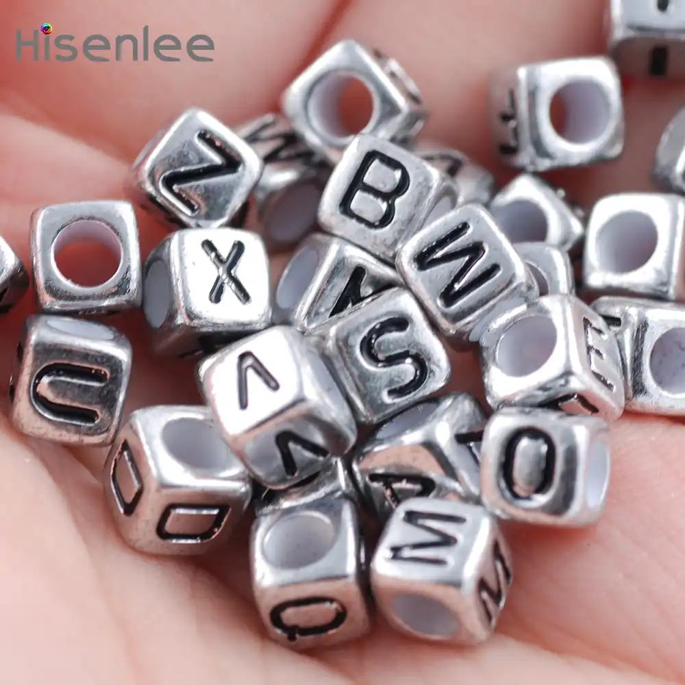 50 Letter Beads Alphabet Beads Silver Bulk Beads Wholesale Metal 6mm Oval