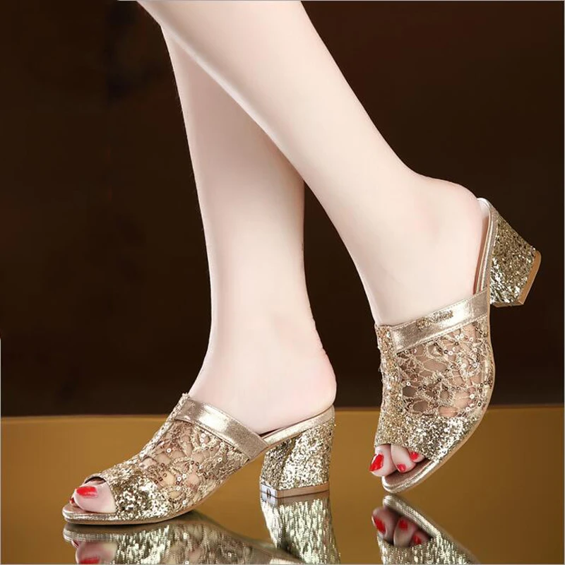

Dropshipping Women Sandals 2019 Bling Fashion Square Heel Summer Lace Slippers Women Sexy Hollow Sandals for Women Size 35-41