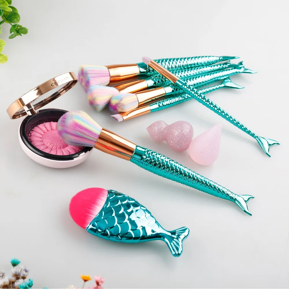 

Blue Color Brushs Set Crystal Big Fish Tail Foundation Powder Brushs Mermaid Shaped Colorful Makeup Tool Set Blending