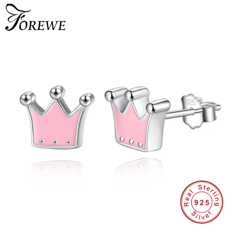 

FOREWE 2018 Trendy 925 Sterling Silver Stud Earrings for Women Girls Pink Enamel Princess Crown Earrings Jewelry Party Gift