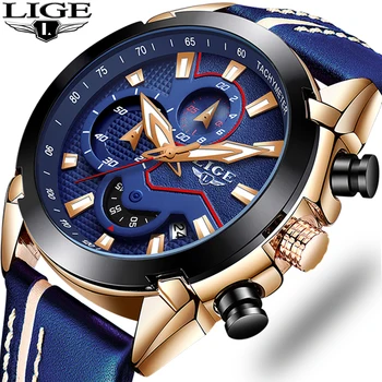 

2019 LIGE Brand Gift Men's Watches Chronograph Quartz Watch Date Luminous Waterproof Leather Watch Man Hot Relogio Masculino