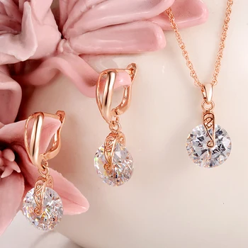 

Luxury Design Romantic Necklace Earrings Jewelry Sets Drop Shaped Pendant Silver Plated CZ Women Dance Party Jewelry