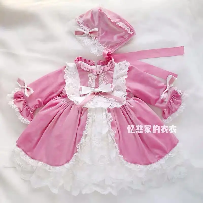 

2 PCS Autumn Winter Baby Girl Vintage Spanish Velvet Dress Set with hat Pink Red Princess Christmas Birthdays Party Dress