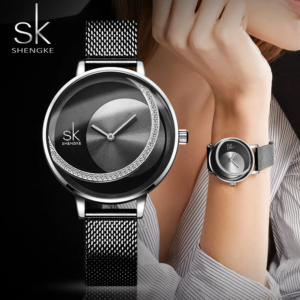 SHENGKE Брендовые женские часы, креативные, стразы, крутые, черные, из нержавеющей стали, кварцевые часы, Дамская мода, повседневные, водонепроницаемые, подарочные часы