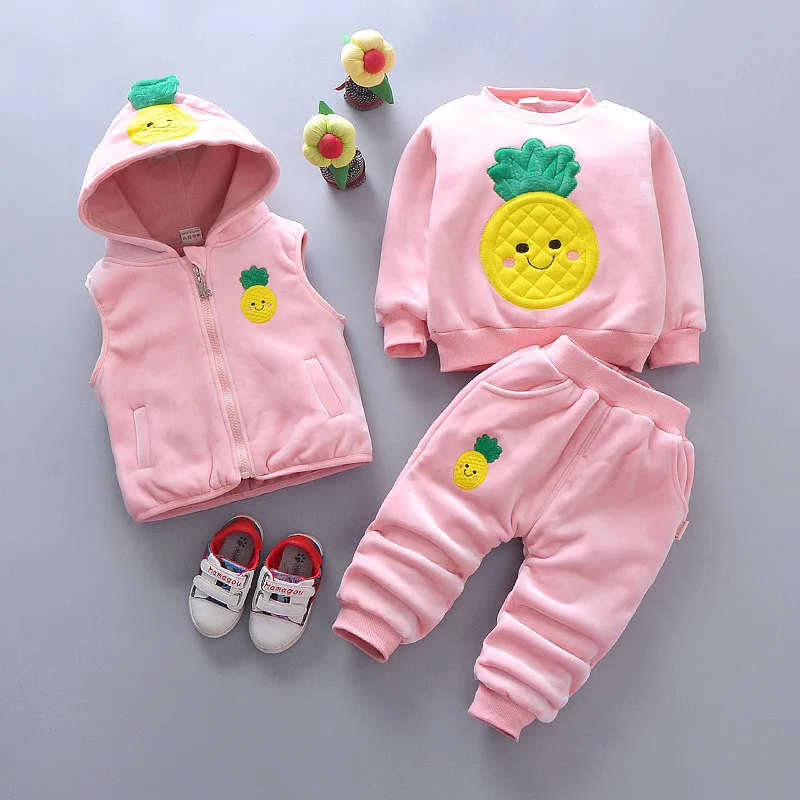 Осенне-зимний комплект одежды для маленьких девочек с ананасом, комплект из 3 предметов: толстовка+ жилет+ штаны, спортивный костюм худи для девочек, детская одежда для девочек - Color: pink