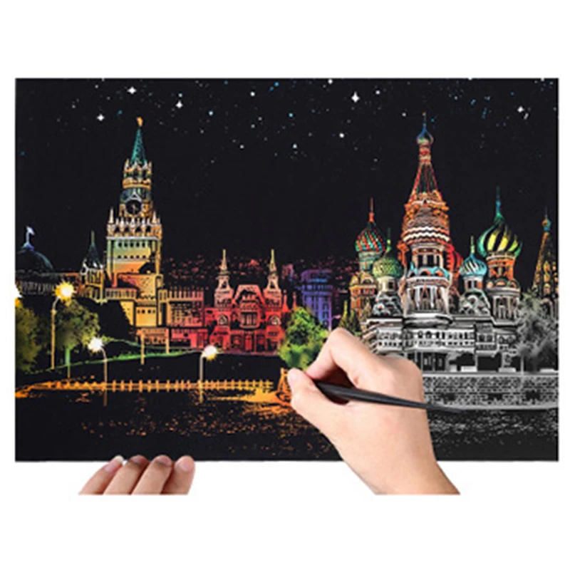 

Large City Night Scratch Picture Painting with Tools Scraping Paper Travel Memory Urban Night Scene DIY Craft Birthday Gift