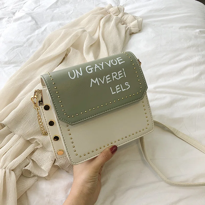 

2019 PU Lady Bag Embroidery Chain Single Shoulder Slanting Simple Rivet Letter Square Hasp Handbag High Quality Famous Brand