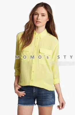 Новинка EQ, натуральный шелк, женские рубашки с длинным рукавом, Женские базовые свободные блузки с двумя карманами, весна-осень - Цвет: as the picture