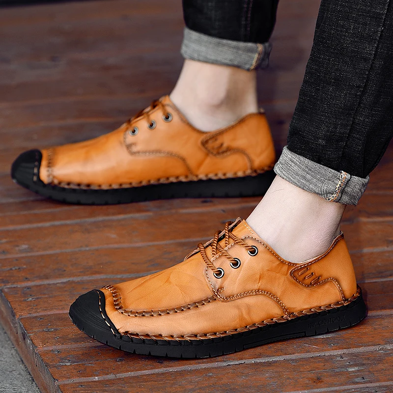 DXKZMCM Genuine Leather Shoes Men Flats Fashion Men's Casual Shoes Brand Man Soft Comfortable Lace up Loafers Shoes Mens