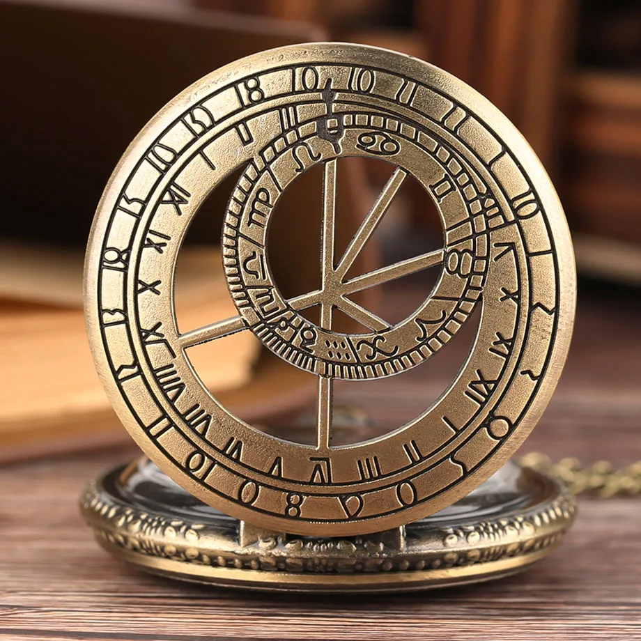 Retro Bronze Geometry Rome Number Compass Case Quartz Pocket Watch Vintage Necklace Pendant Clock Chain Gift Relogio De Bolso (11)