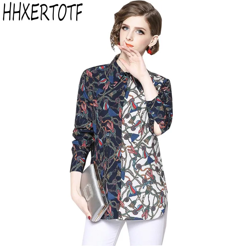 

2019 spring women vintage geometric print shirt fashion chiffon long sleeve blouse retro casual tops blusas