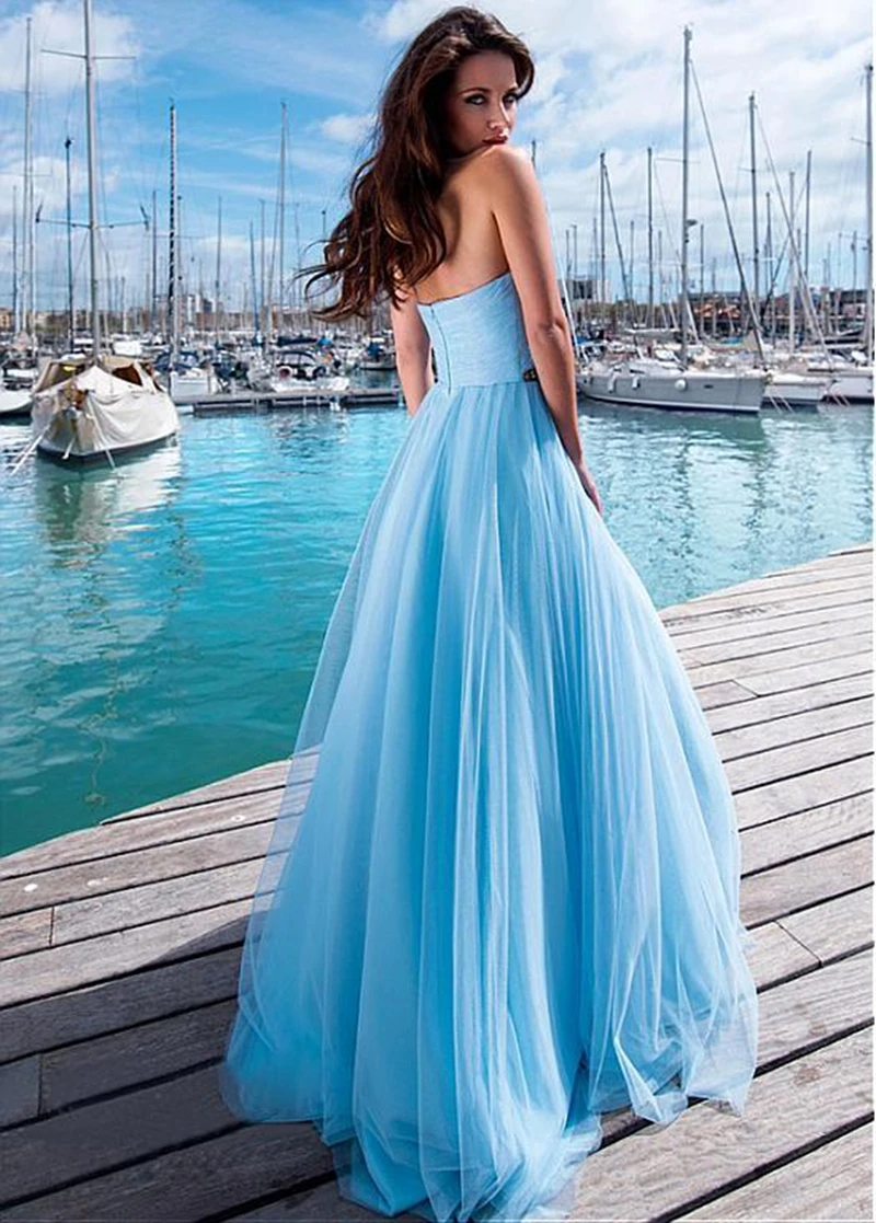 

Verngo Sky Blue Tulle Evening Dress Simple Formal Party Gown 2019 Elegant Dress Long Vestido De Noche