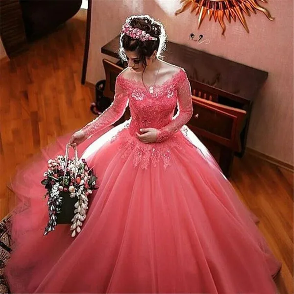 Sheer Long Sleeve Ball Gown Quinceanera Dress Debutante Gowns V Neck Lace Appliques Long Prom Sweet 16 Gowns Tulle Quinceanera Dresses