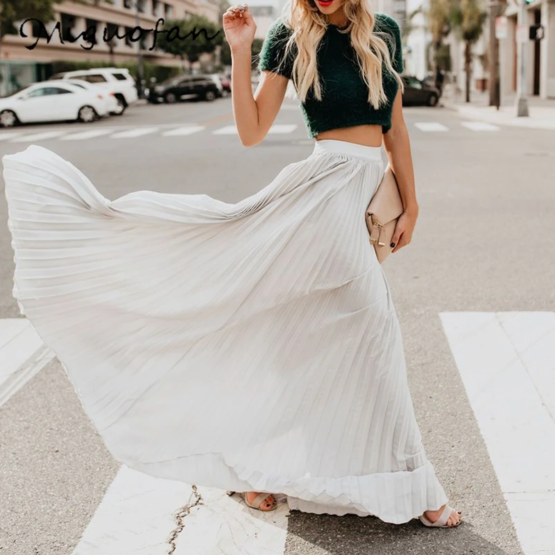 Miguofan Pleated Skirt Women High Waist Long Skirts Loose Streetwear Solid Black White Maxi Skirts Summer Jupe Femme