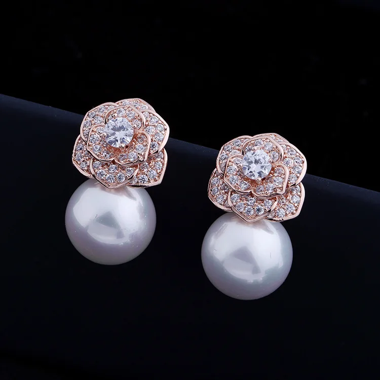 

SWOUR New Bridal Jewelry S925 Sterling Silver Micro Cubic Zircon Rose Flower Pearl Stud Earrings High Quality S049