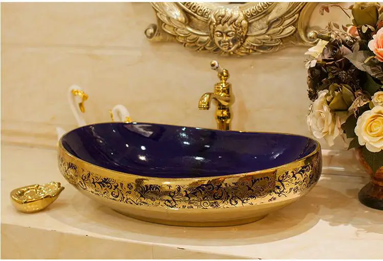 Роскошные золотые цветы овальная фарфоровая столешница раковина для ванной комнаты