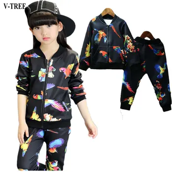 

V-TREE 2018 Autumn Winter Girls Clothing Set Zipper Coat+pants 2pcs/set Sports Suits For Children Teen School Tracksuits Clothes