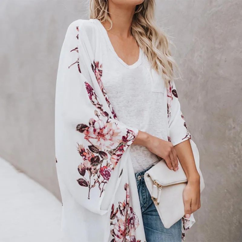 

Women Casual Vintage Kimono Cardigan Ladies 2019 New Summer Long Crochet Chiffon Kimono preto Loose flora printed Blouse Tops