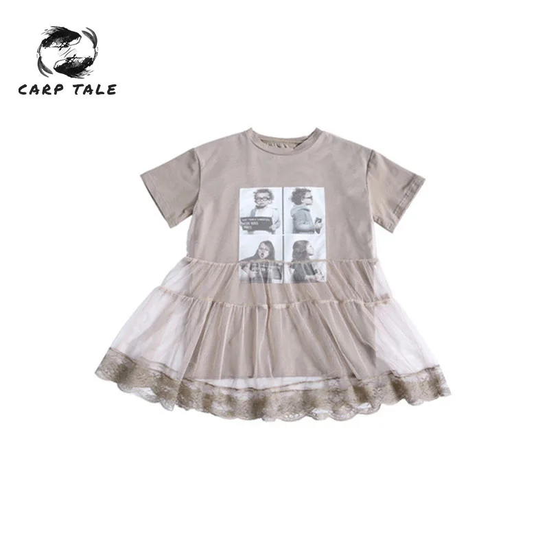 

2019 children's clothing summer new lace splicing princess dress fashion print pattern girls short-sleeved girl dress