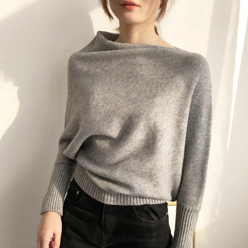 

J205 New Arrival Fashion Design Irregular Neck Vintage Solid Color Pullovers Sweater Women High Quality Soft Bottom Knitted Tops