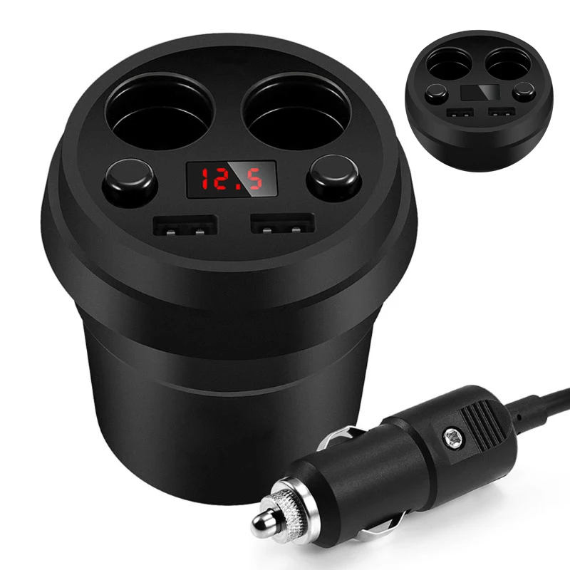 

Dual USB Cup Holder LED Voltmeter Cigarette Lighter Socket Car Charger Adapter