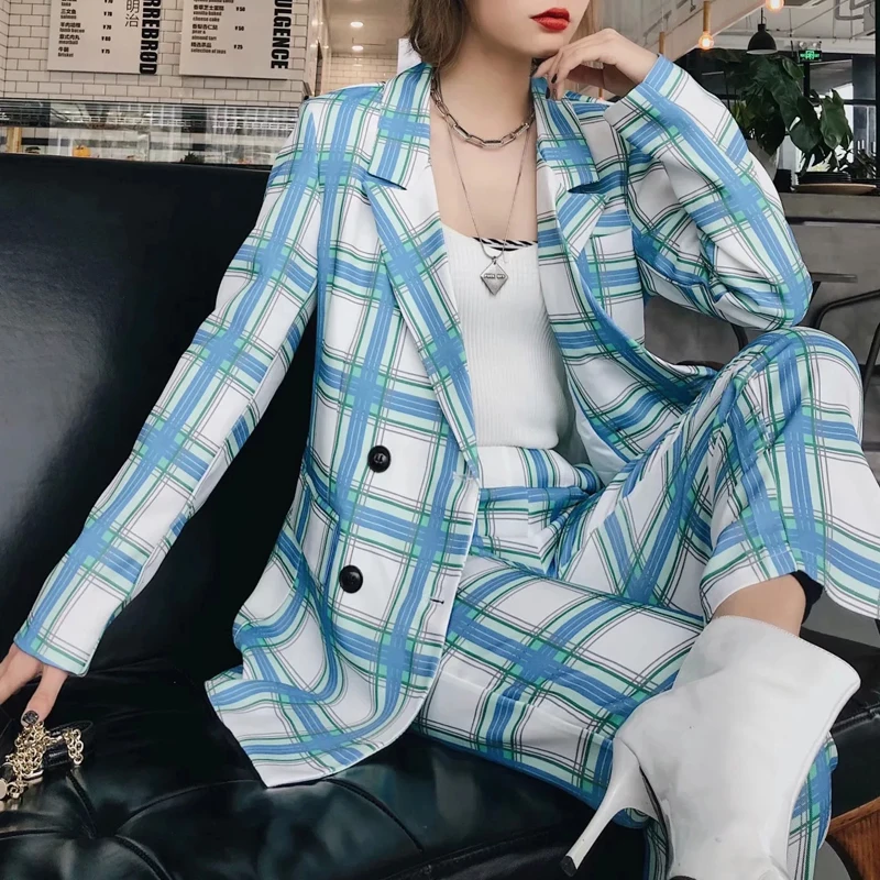 Spring Vintage Women's Pant Suits Double Breasted Long sleeve Office Blazer Jacket And Nine Pants Sets Plaid 2 Piece Set Women