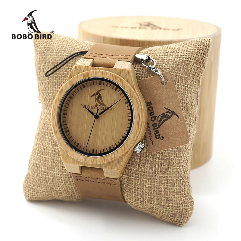 BOBO BIRD Mens Bamboo Wooden Quartz Watches Casual Sport Dress Watches with Real Leather Strap in Gift Box Customizable logo