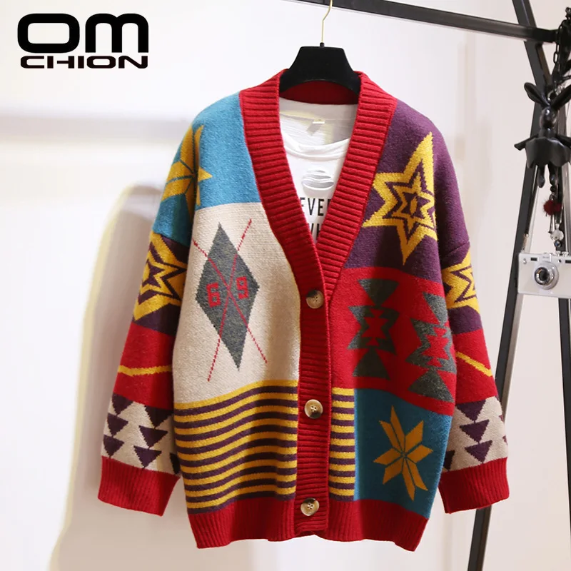 

OMCHION Casaco Feminino 2019 Winter Coat Women V Neck Korean Loose Thick Knitted Cardigan Geometric Vintage Sweater Jacket LP187