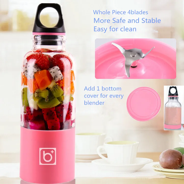 Портативный Блендер с 4 лезвиями, Электрический блендер, заряжаемый от USB, 500 мл, соковыжималка для фруктов, смузи, чашка, бутылка и крышка
