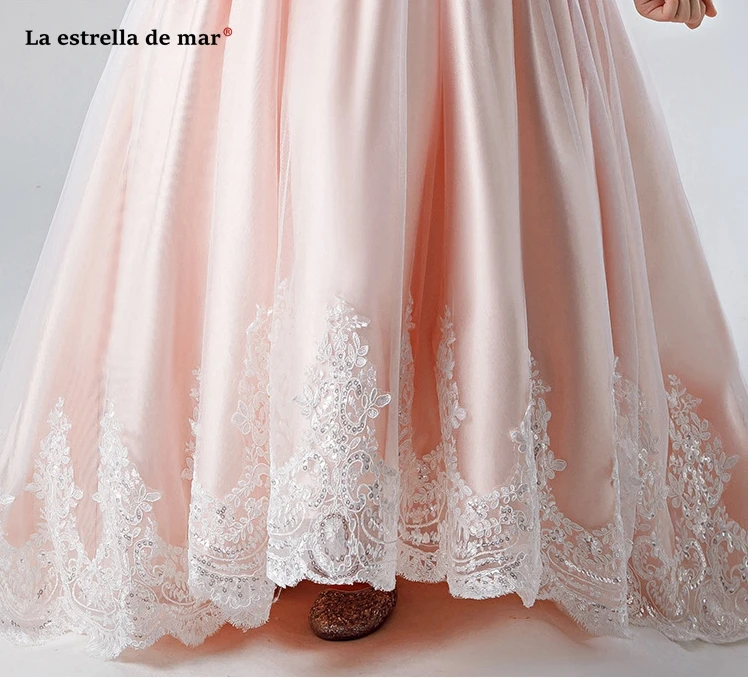 Vestidos de novia/Новинка года; платье из тюля с глубоким вырезом и атласной аппликацией; Цвет Алин, персиковый, розовый; платье с цветочным узором для девочек; шлейф; primera comunion на заказ