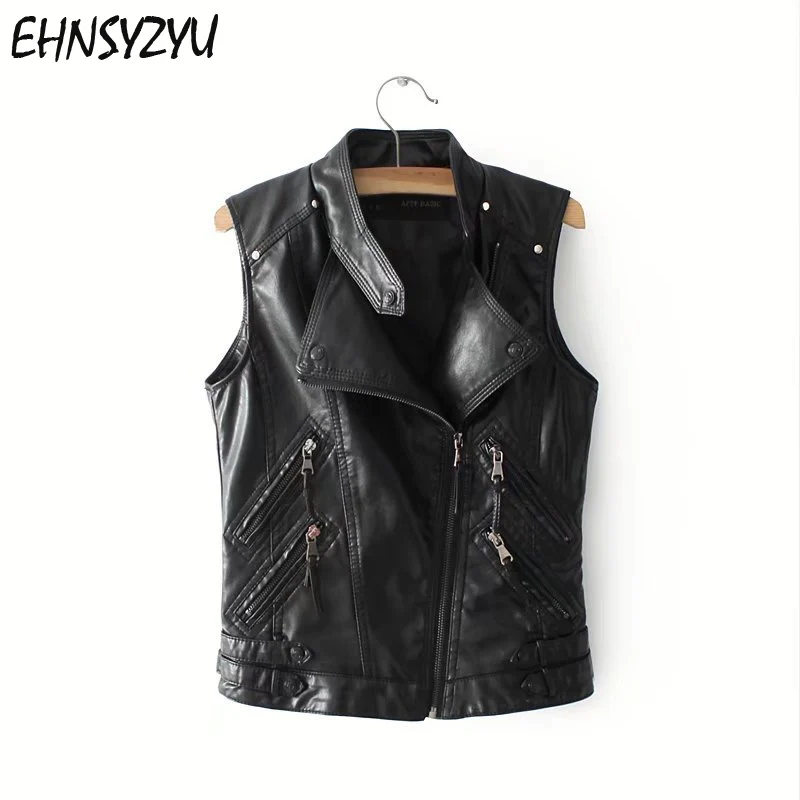 Women PU Leather Vest Jackets Short Coats Female Sleeveless Motorcycle Leather Jacket Casual