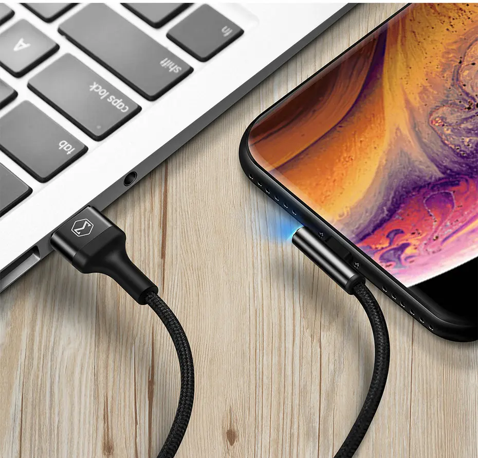 Mcdodo 90 Degree USB Cable For iPhone X Xs Max XR Fast Charging Data Cable For iPad iPhone 8 7 6s Plus 5s with LED Light (15)
