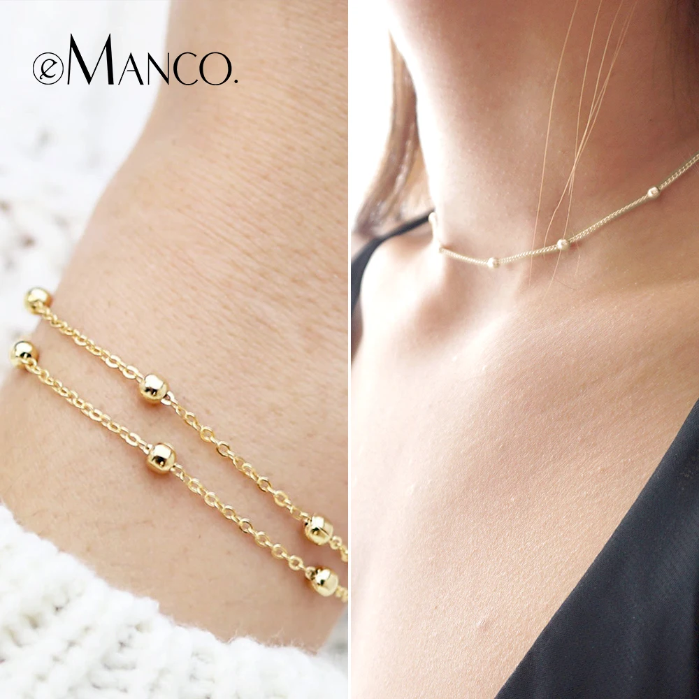 

eManco Trendy Pendants Necklace With Bracelets Simple Stainless Steel Bead Jewelry Sets For Women Gold Color Fashion Jewelry