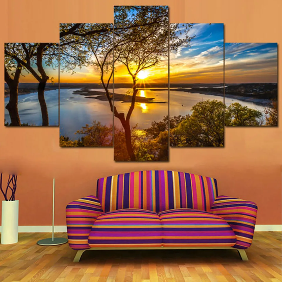 HD печатные модульные картины на холсте 5 шт. дерево закат солнце морской пейзаж картины стены искусство современный Плакат рамка декор комнаты дома