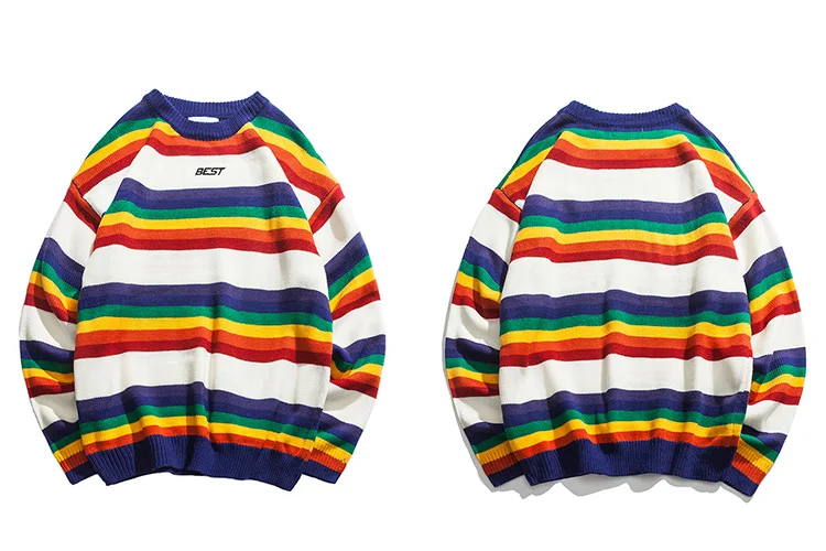 Harajuku ретро Радужный вязаный полосатый свитер мужской хип-хоп пуловер свитер уличная Мужская мода осень 2018 свитер хлопок
