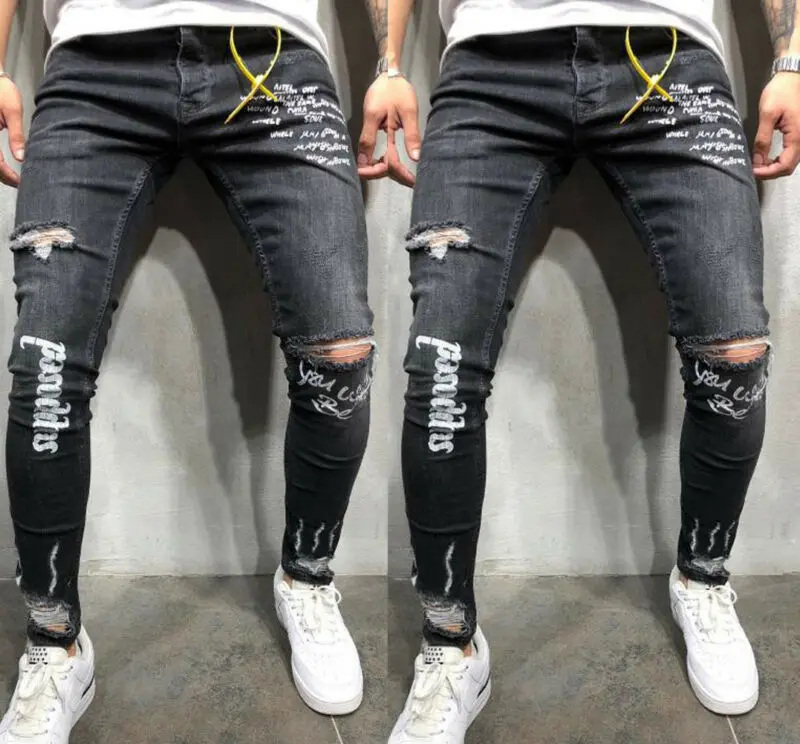 

Newest Men Stretchy Ripped Skinny Men's Ripped Skinny Biker Jeans Destroyed Frayed Distressed Slim Fit Denim Pants High Quality