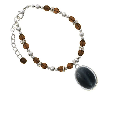 Silvertone Oval - Imitation Cat's Eye - Black - Brown Beaded Bracelet