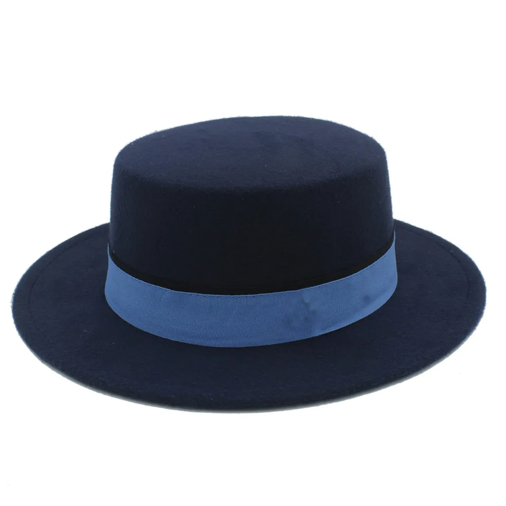 Mistdawn модная женская мужская шерстяная шляпа Boater шляпа с широкими полями свиной пирог Кепка с плоским верхом шляпы с бантом синяя резинка с тесьмой - Цвет: Navy Blue