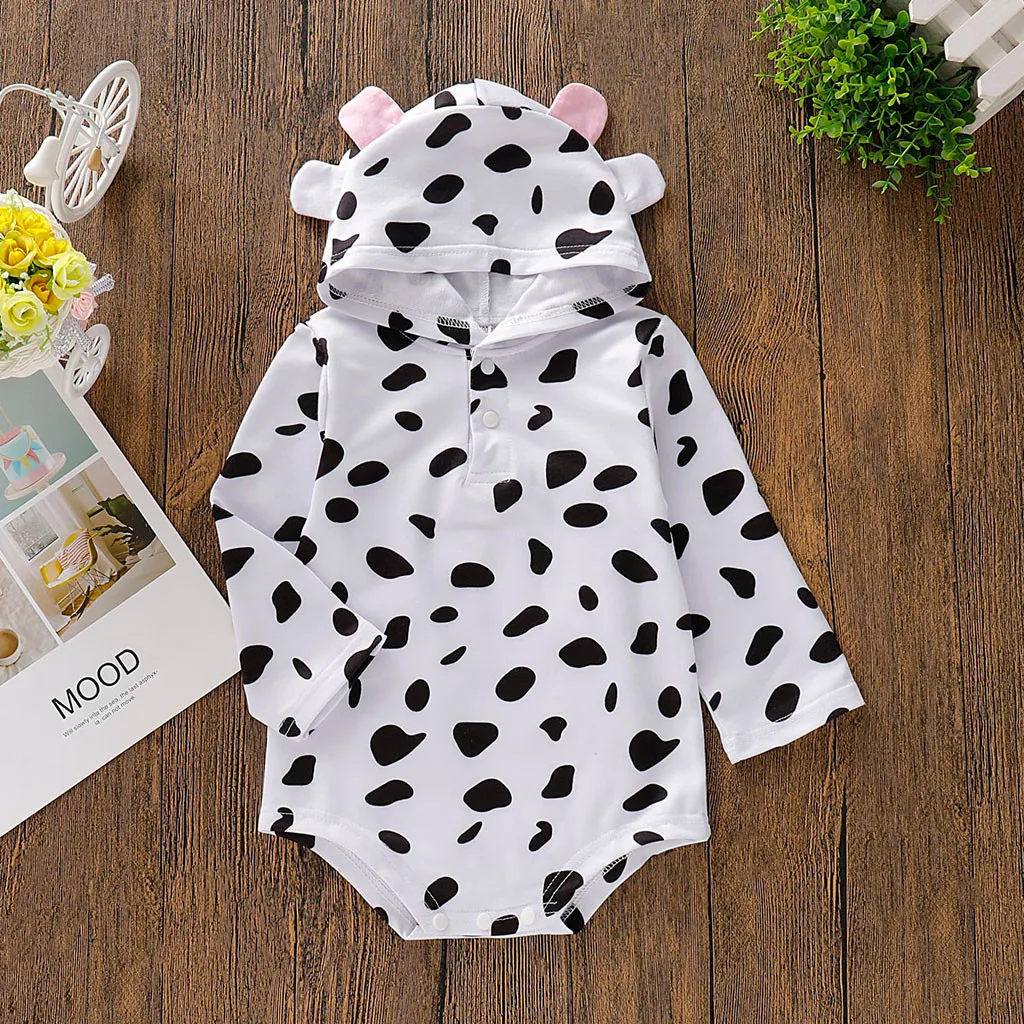 

KLV newborn baby clothes set summer newborn baby Girl Boy Long Sleeve Cow Print Ears Hoodies Romper Clothes Outfits#y20