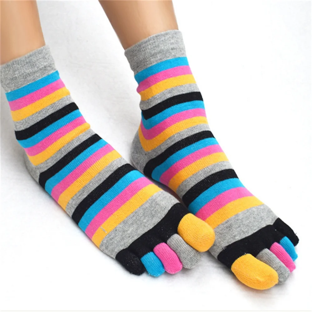 1 Pair Novelty Rainbow Colorful Women's Girl Color Stripes Five Finger