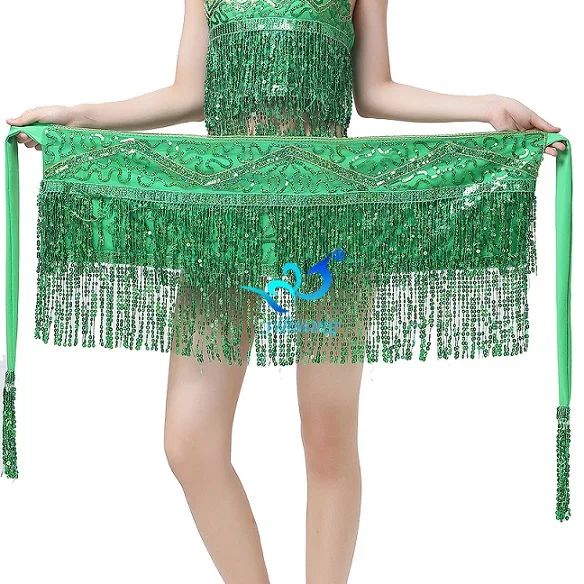 Костюм для танца живота, хип-шарф, вечерние топы с бахромой и блестками, юбка для танца живота, пояс для танца живота, хипшарф - Цвет: Green