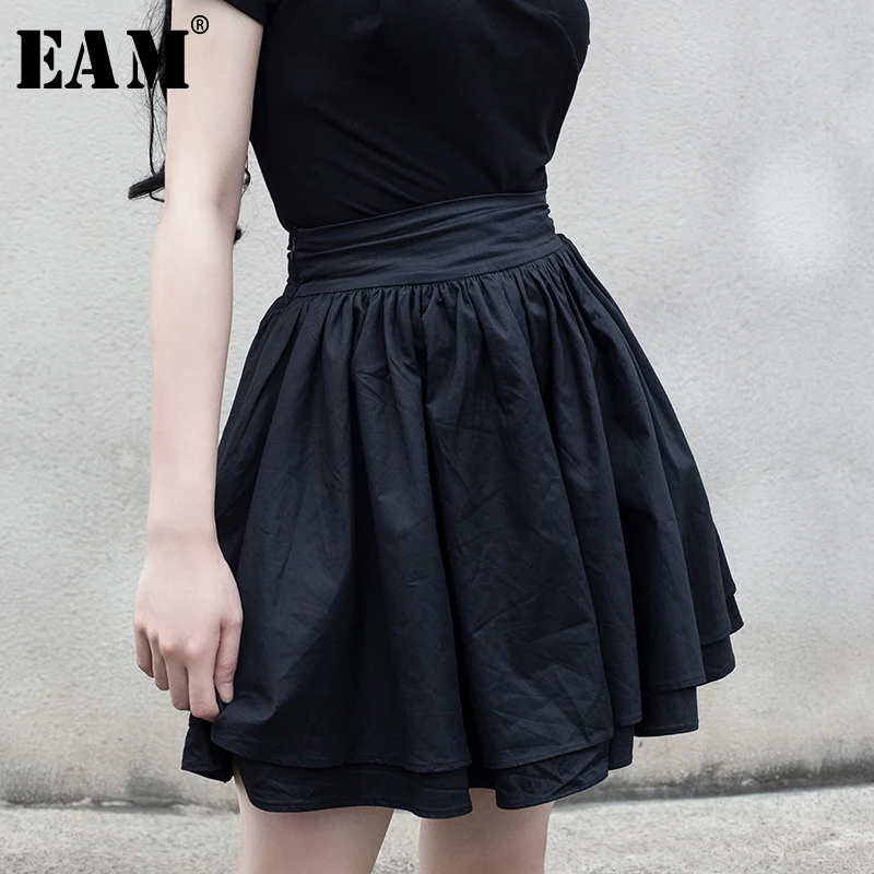 

[EAM] 2019 New Spring Summer High Waist Black Pleated Double Layers Half-body Skirt Brief Temperament Women Fashion Tide JX724
