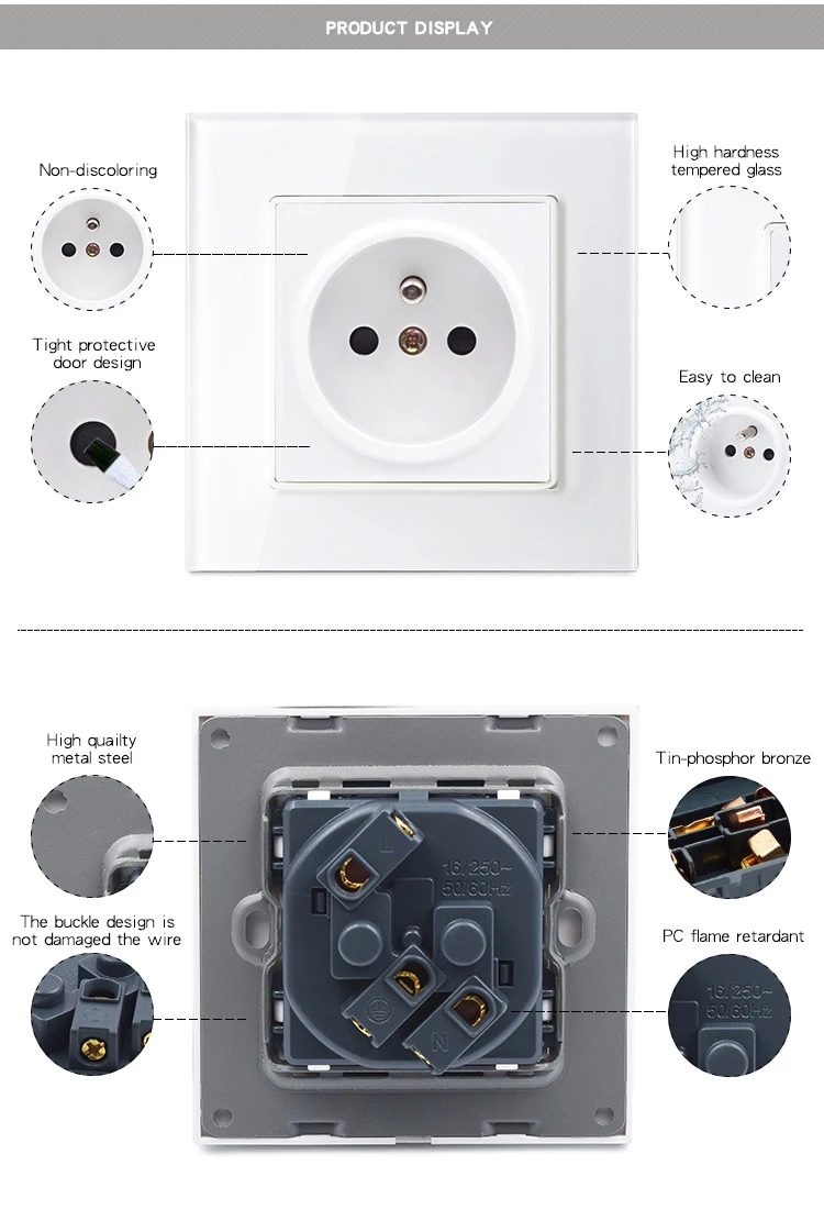Французская стандартная настенная розетка, французская стандартная настенная розетка, белая/черная/Золотая, переменный ток 110~ 250 В, 16А, кристальная стеклянная панель, розетка питания
