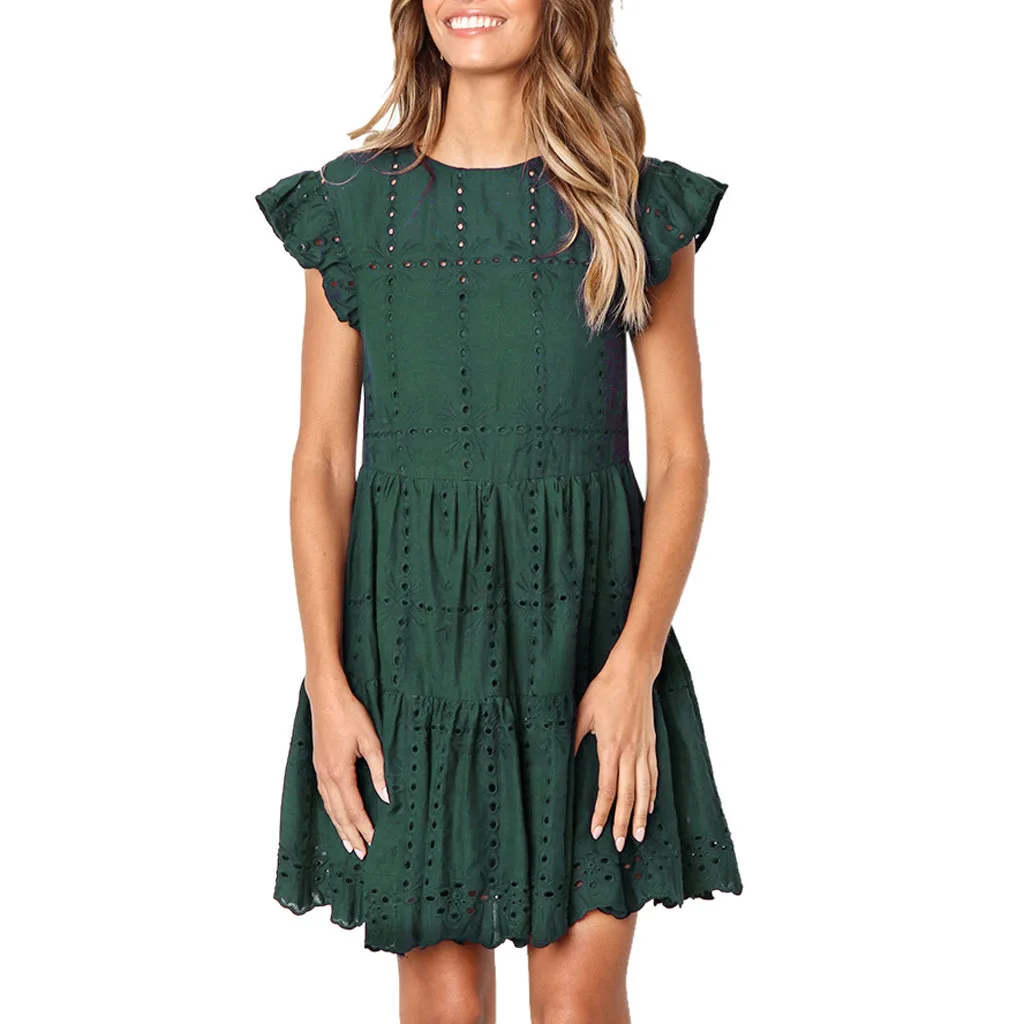 Мини-платье трапециевидной формы с вырезом и рюшами, женское пляжное платье с оборками и рукавами, женские Базовые платья с круглым вырезом, летние платья sukienka vestidos 3*0 - Цвет: Green