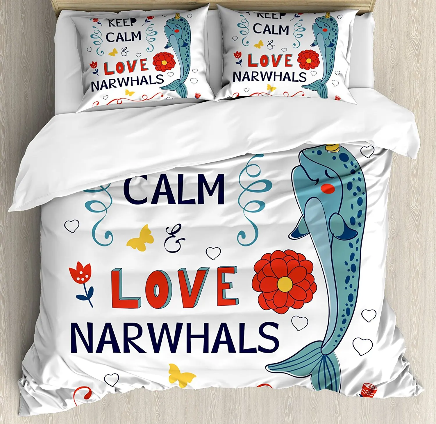 

Narwhal Duvet Cover Set Culture Phrase with Unicorn of the Ocean Design Colorful Cartoon Character Decorative 4Piece Bedding Set