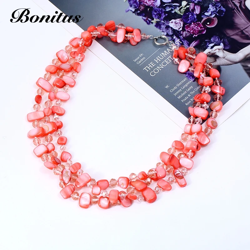 [Bonitus Jewelry] Новое поступление модное колье эффектные ожерелья многоуровневые стеклянные кристаллы и оболочка для женщин Горячая 06N3189