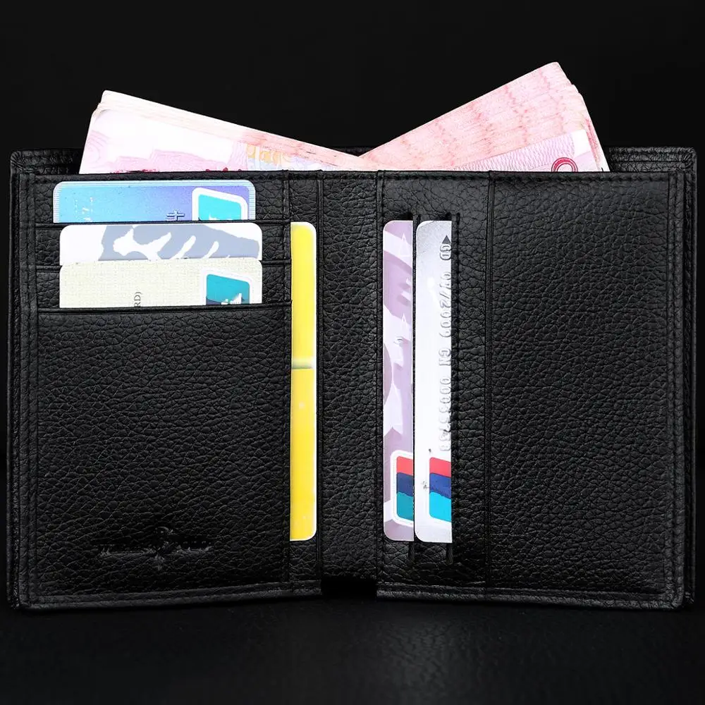 Мужские Короткие Двойные бумажники со слотами для мини карт, натуральная Сафьяновая кожа, вертикальный горизонтальный кошелек для денег, черный