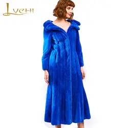 LVCHI 2019 импортная бархатная норковая шуба женская с длинным рукавом чистый синий цвет Тонкий Повседневный X-Long Ruched отложной воротник