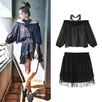 

Fashion Two Pieces Set For Women Sexy Halter Lace Off Shoulder Tops Ruffles Mesh Skirt Party Outfits Feminine Skirts Tees Sets