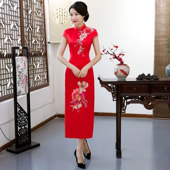 

Pink Stylish Ladies Cheongsam 2018 Summer Chinese style Mandarin Collar Long Dress Womens Qipao Slim Party Dresses Vestido
